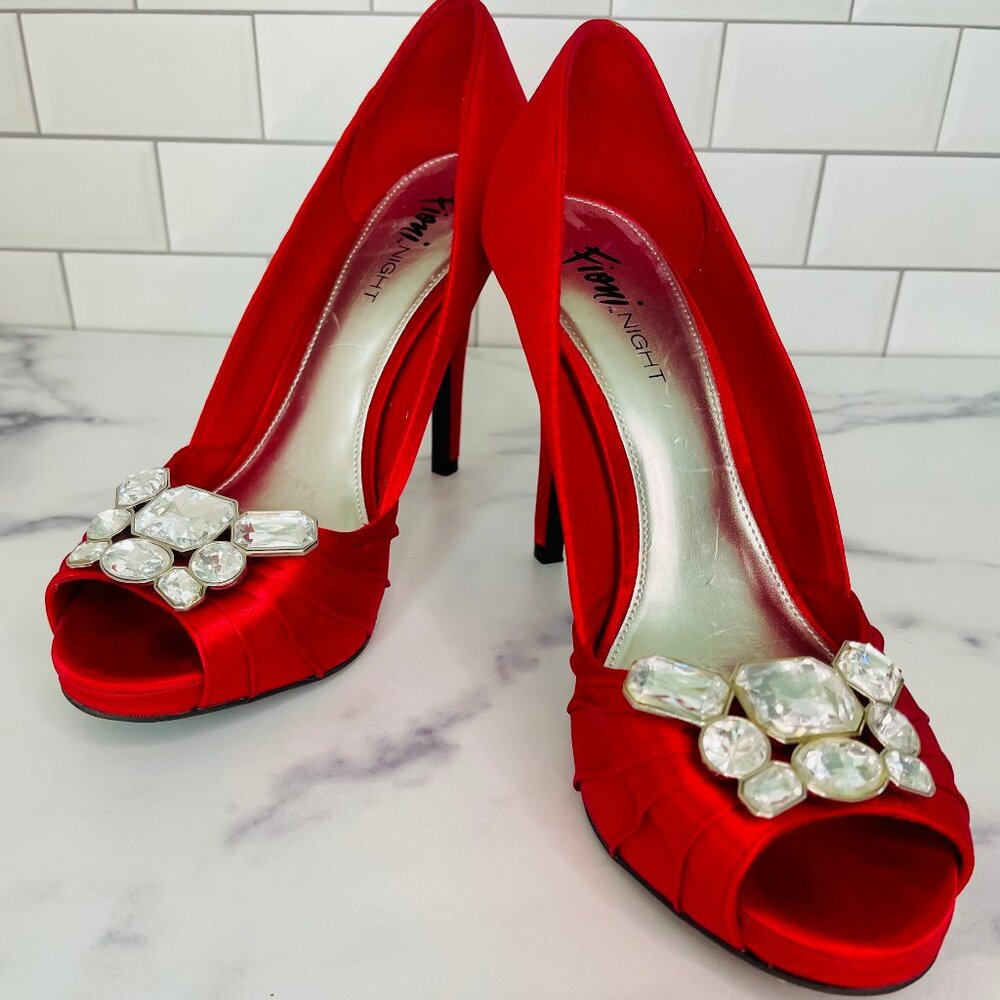 Fioni Night Red Satin Bejeweled Peep Toe Heels